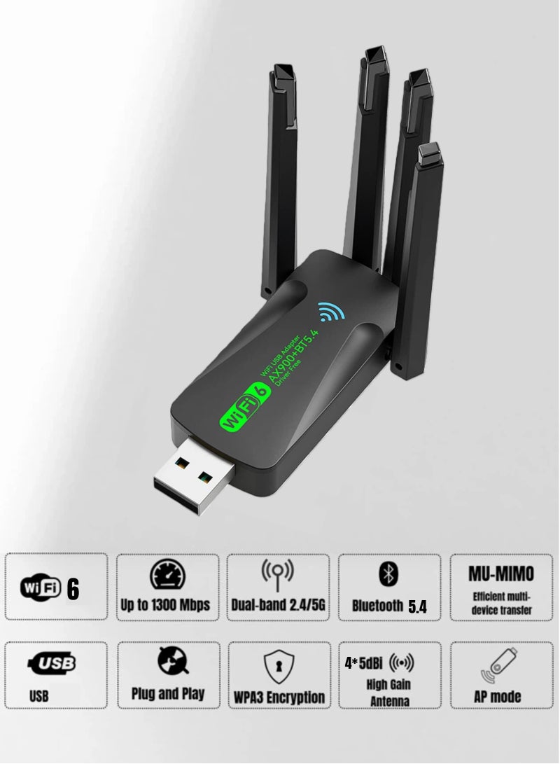  أورا سيليكت مهايئ USB WiFi6 بلوتوث - 900 ميجابت في الثانية ثنائي النطاق 2.4 جيجا هرتز/5 جيجا هرتز مستقبل خارجي للشبكة اللاسلكية، بلوتوث 5.4، 4 هوائيات خارجية، للكمبيوتر الشخصي/سطح المكتب/ الكمبيوتر المحمول، ويندوز 10/11، التوصيل والتشغيل - Image 2